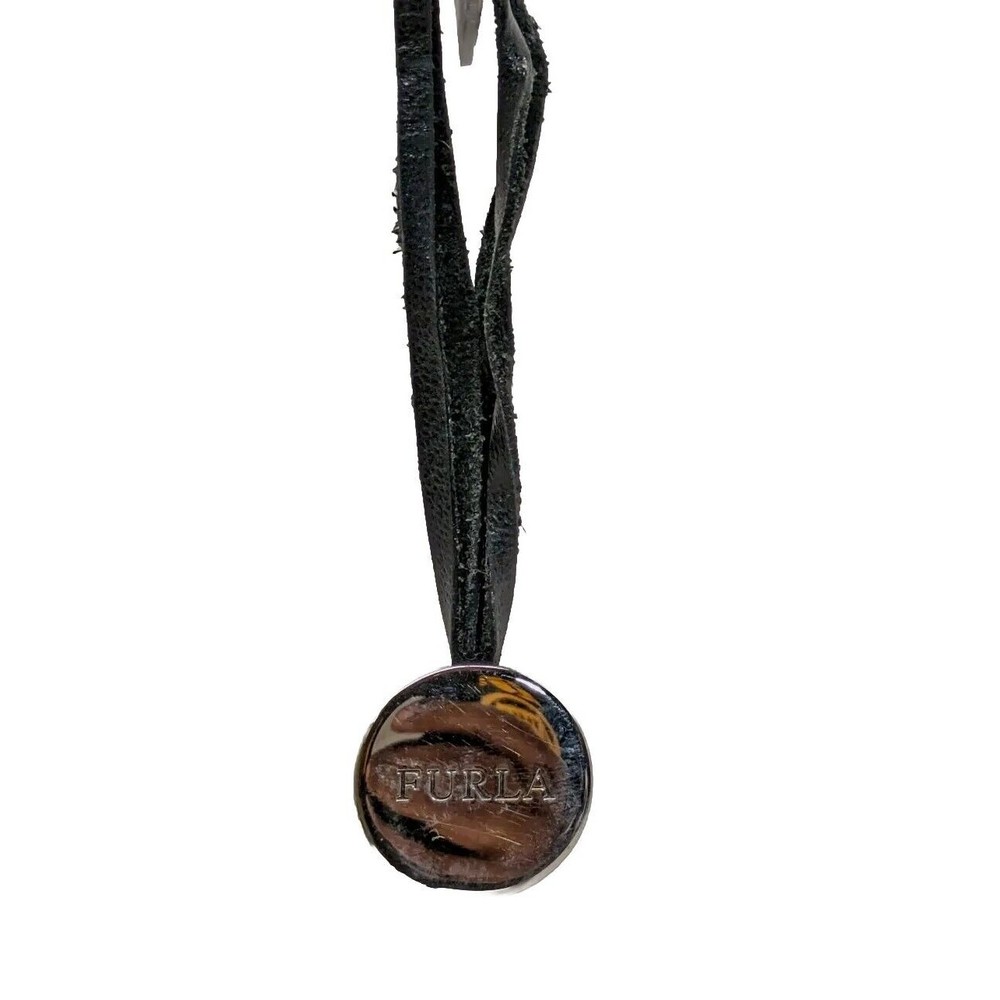 Furla Purse Charm Hang Tag Black Leather Strap Metal Spellout